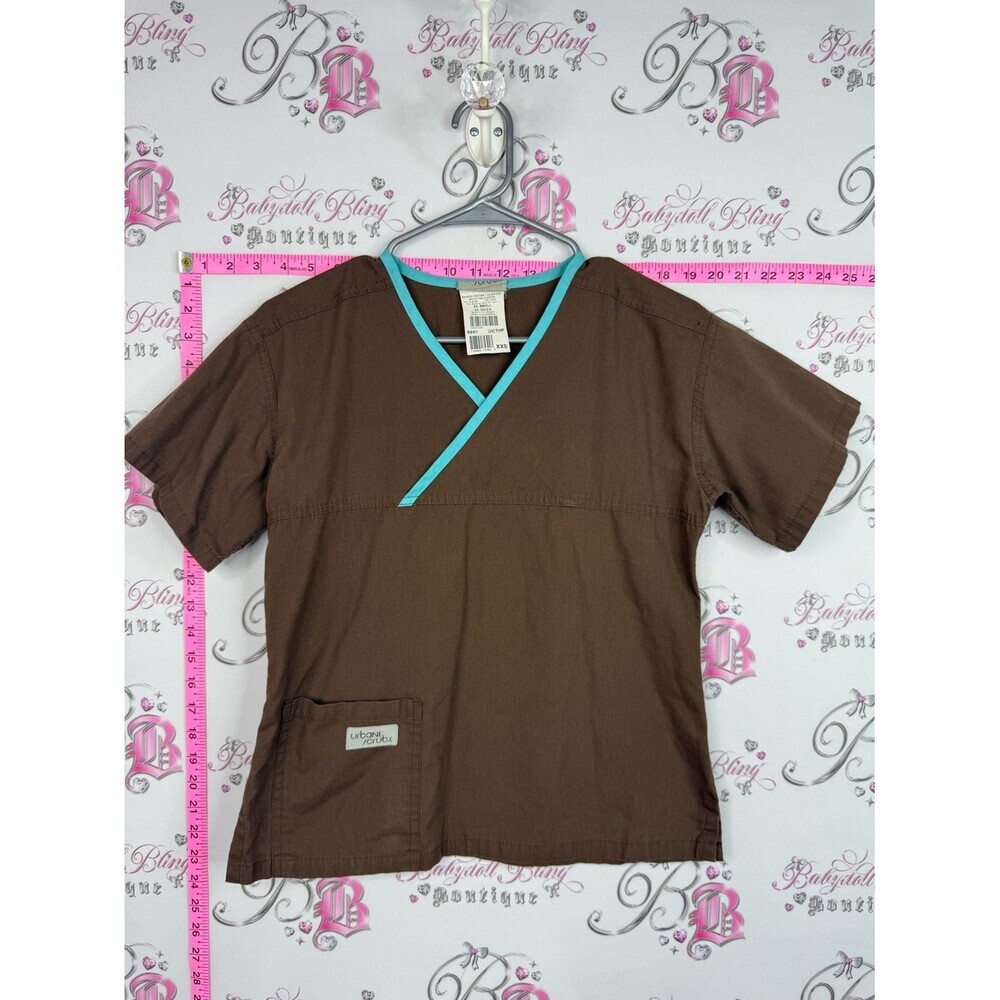 Urbane scrubs shirt y2k blue trim Brown pockets Scrub Top with Teal Trim